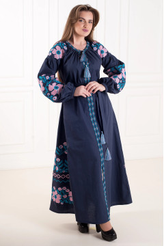 Dress "Parisian Bouquet" in dark blue with pink ornament