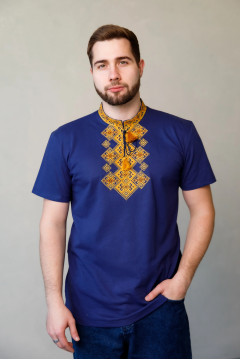 Indigo T-shirt "Bazhan" with gold ornament